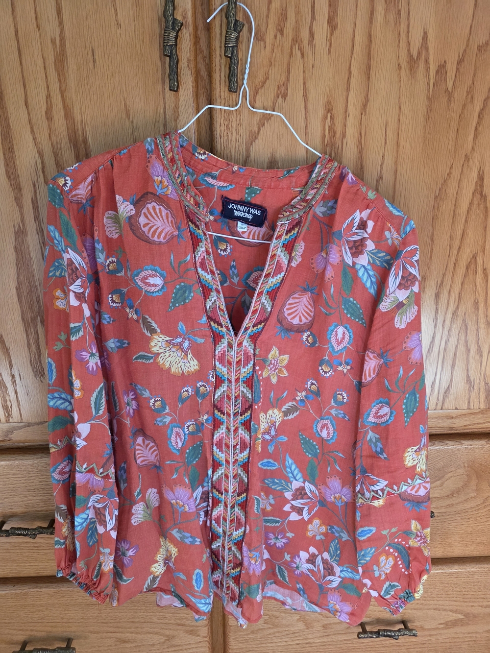 Johnny Was Coral Multi Floral Embroidered Boho Blouse